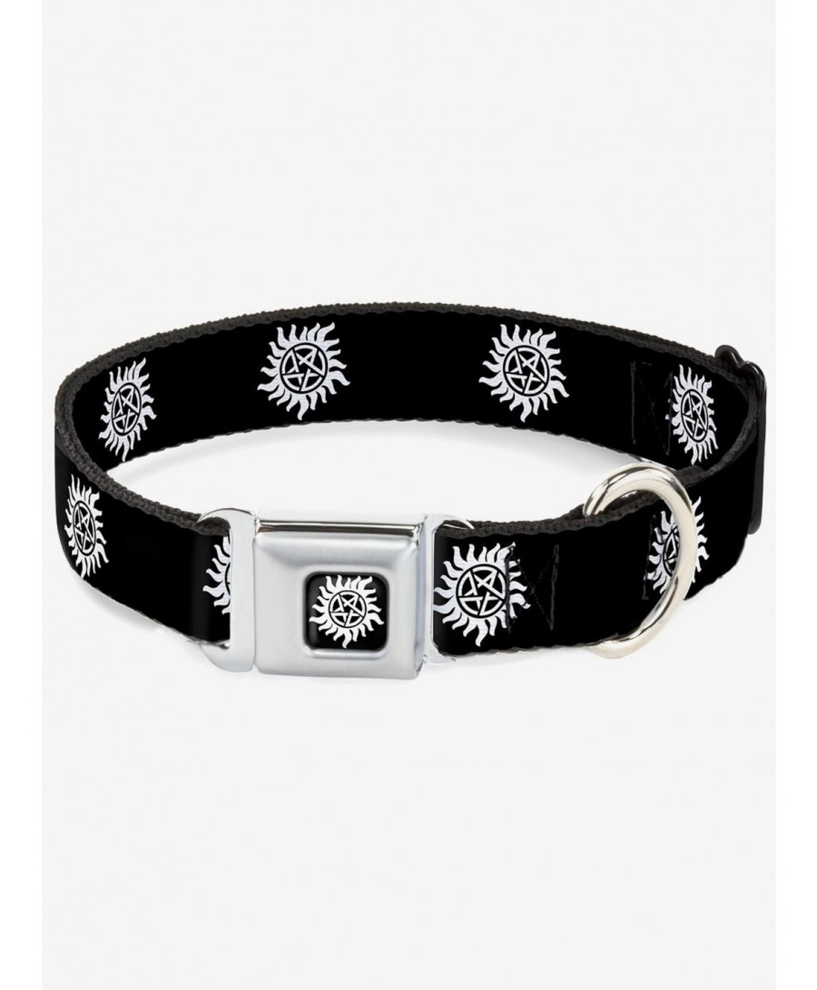 Absolute Discount Supernatural Winchester Pentagram Repeat Black White Seatbelt Buckle Dog Collar $8.02 Pet Collars