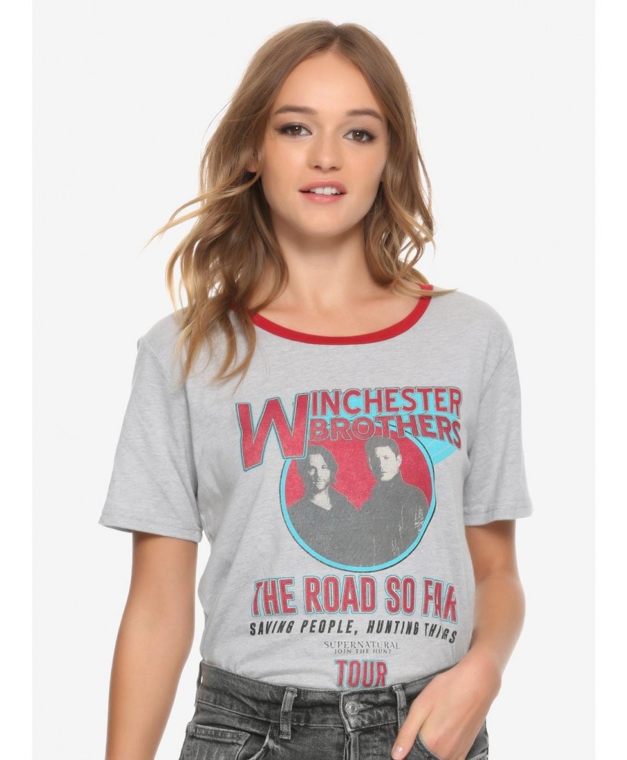 Best Deal Supernatural The Road So Far Tour Girls Ringer T-Shirt $9.71 T-Shirts